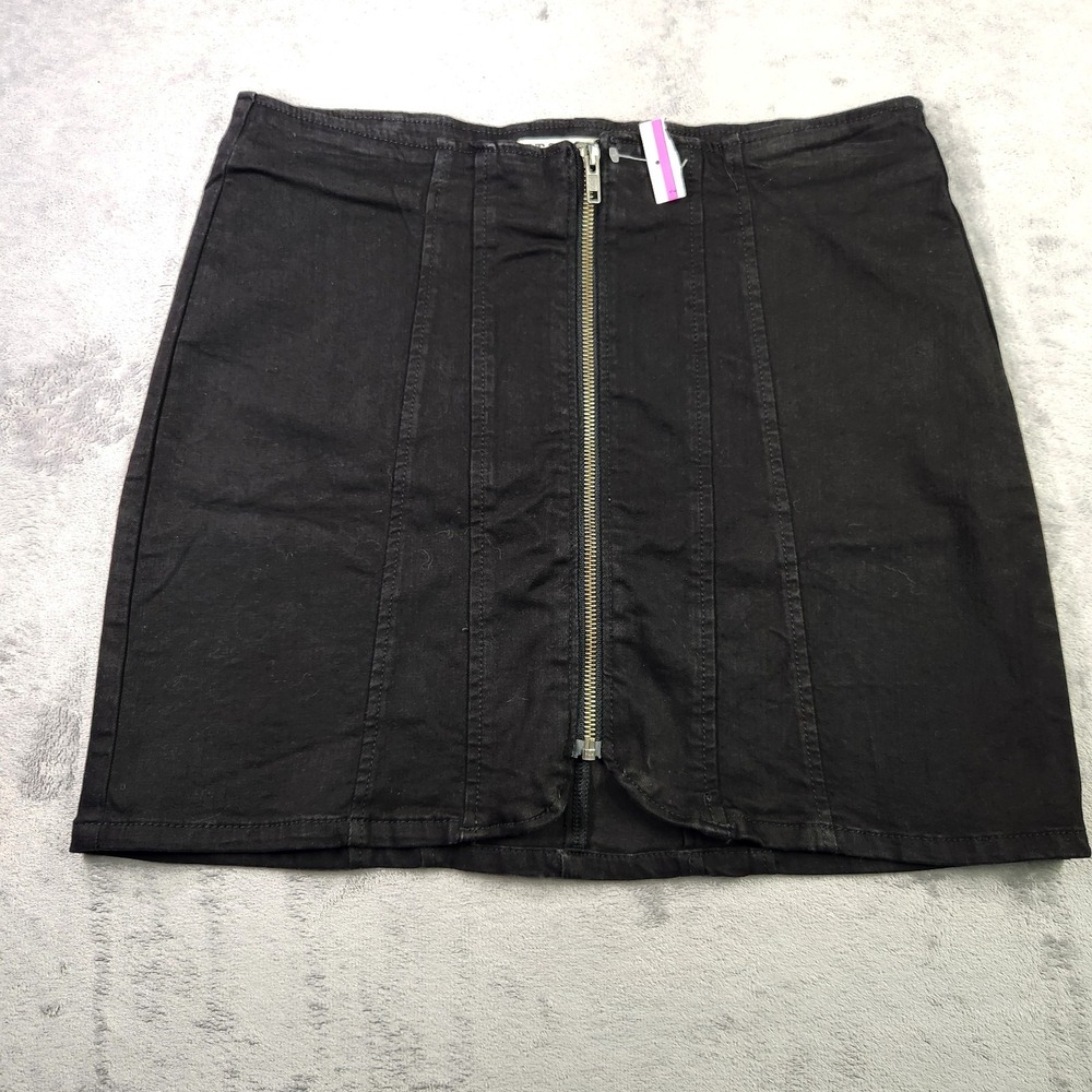 New Free People We The Free Black Denim Zip Front Mini Skirt 12 Edgy Streetwear